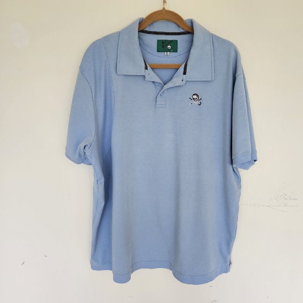 Bad Mulligan Golf Shirt Men's XXL Blue Short Sleeve Polo w/ Skull‎ & Clubs Logo
